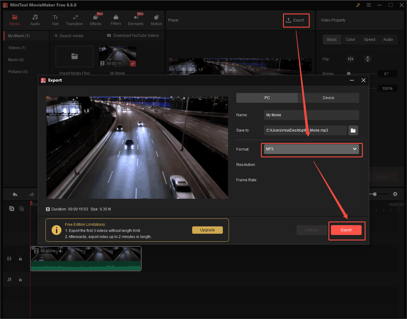 MiniTool MovieMaker Export window showing how to export the video in MP3 format.