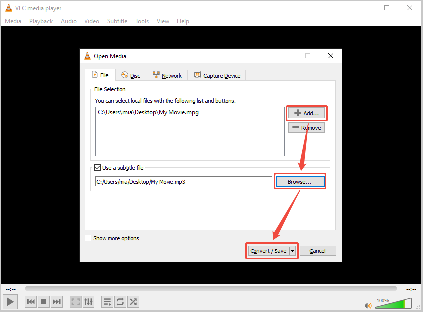 VLC media player Open Media window showing how to add a file and choose the save folder.