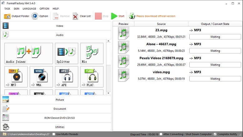 FormatFactory X64 interface.
