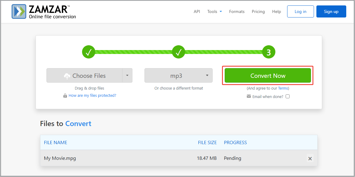 ZAMAR interface with the Convert Now option selected.