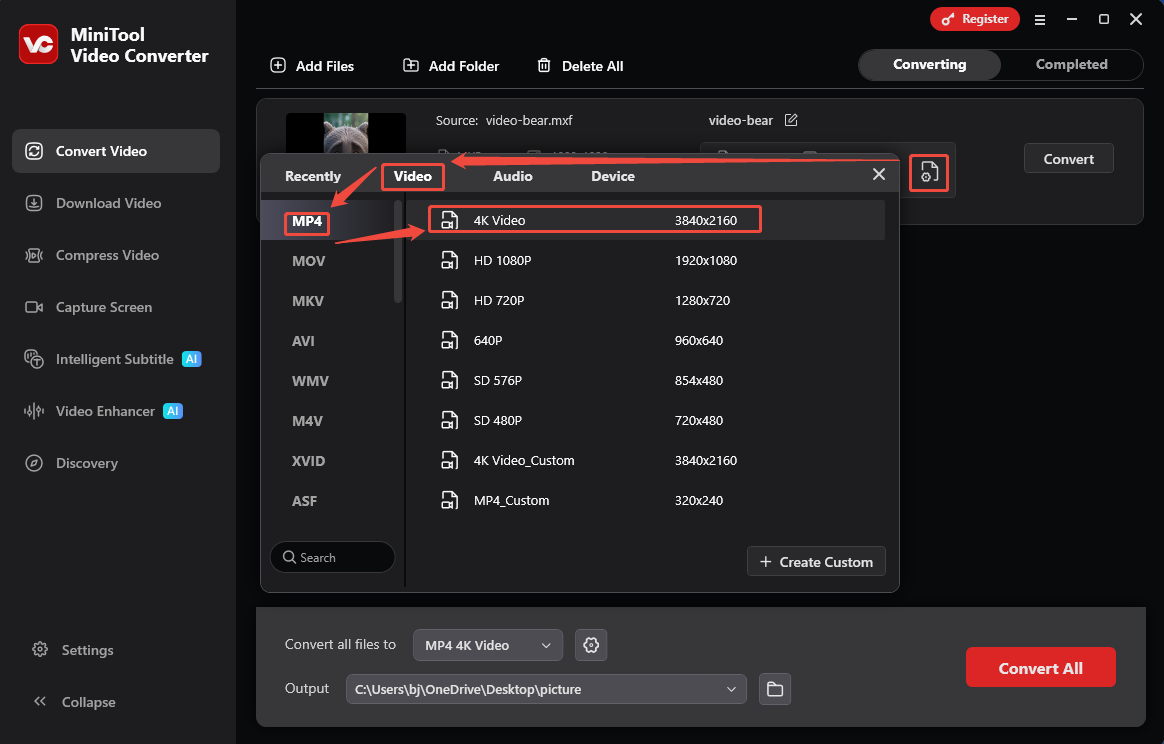MiniTool Video Converter format settings window showing how to set MP4 for the converted video in the Convert Video tab.