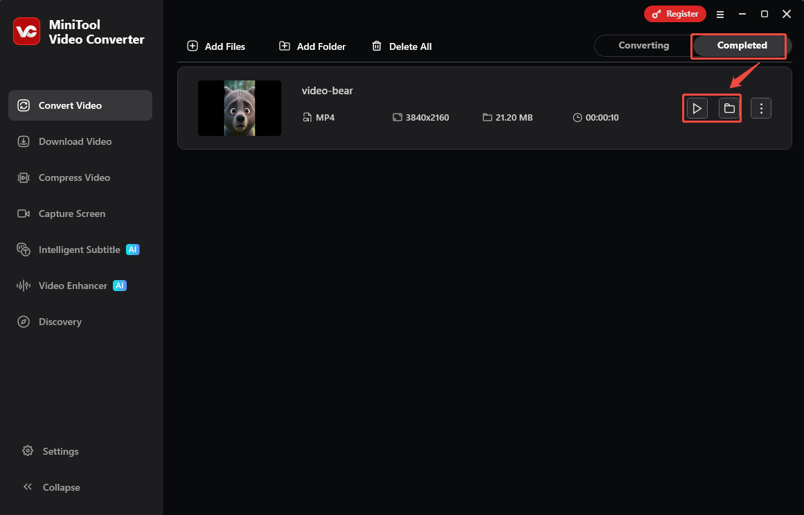 MiniTool Video Converter Completed tab with the Play icon and the Folder icon selected in the Convert Video tab.