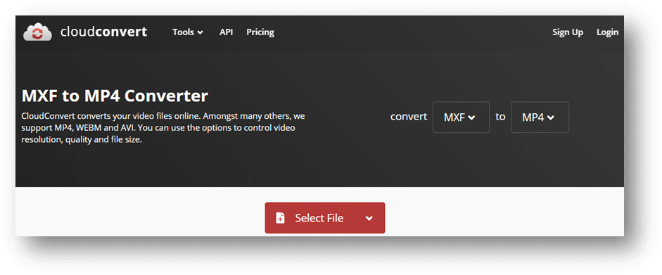 CloudConvert interface with the Select File option selected.
