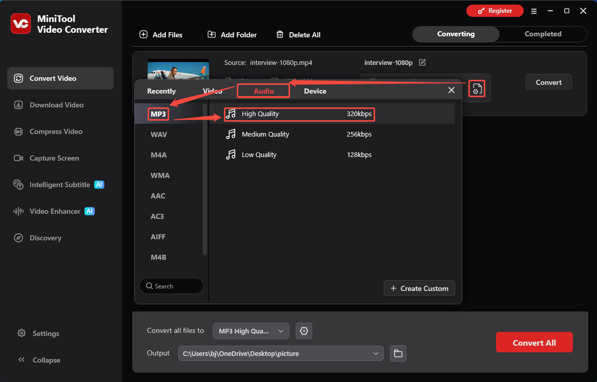 MiniTool Video Converter format settings window showing how to set MP3 for the converted video in the Convert Video tab.