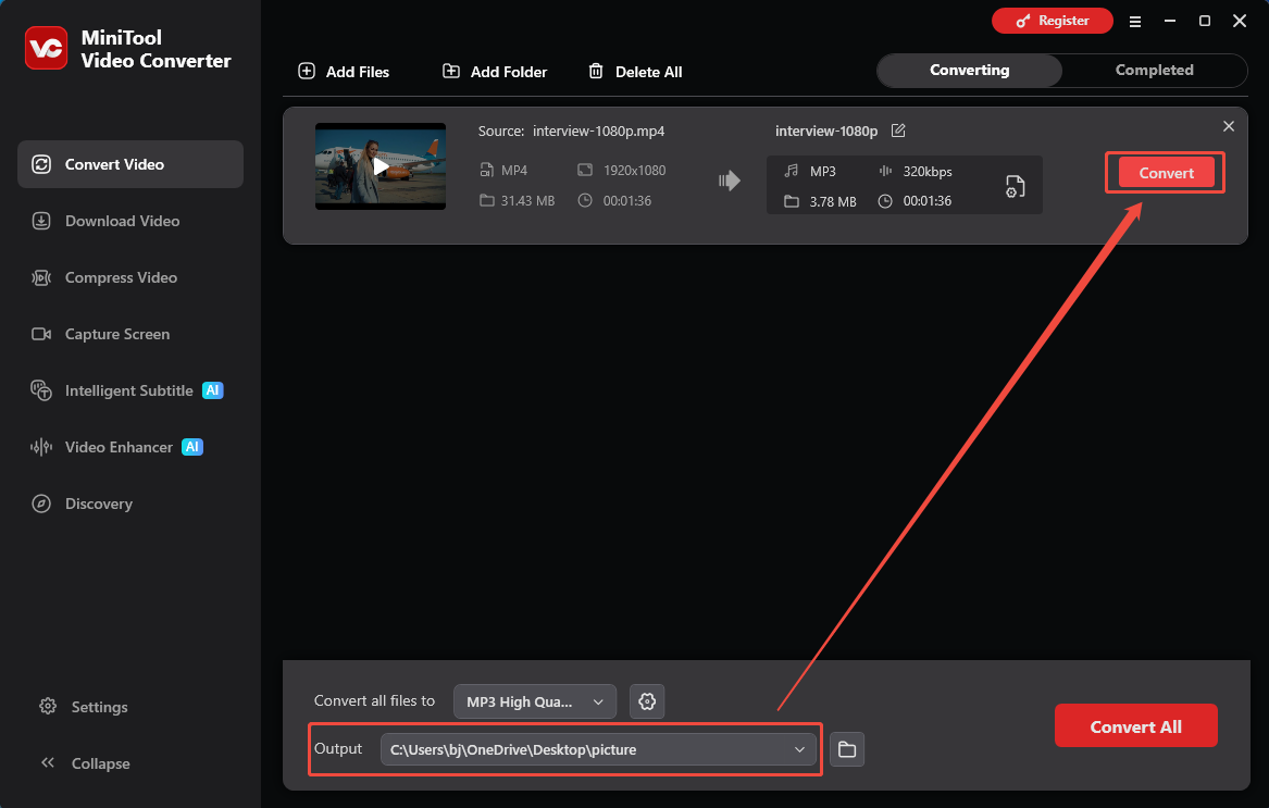 MiniTool Video Converter with the Output option and the Convert button selected in the Convert Video tab.