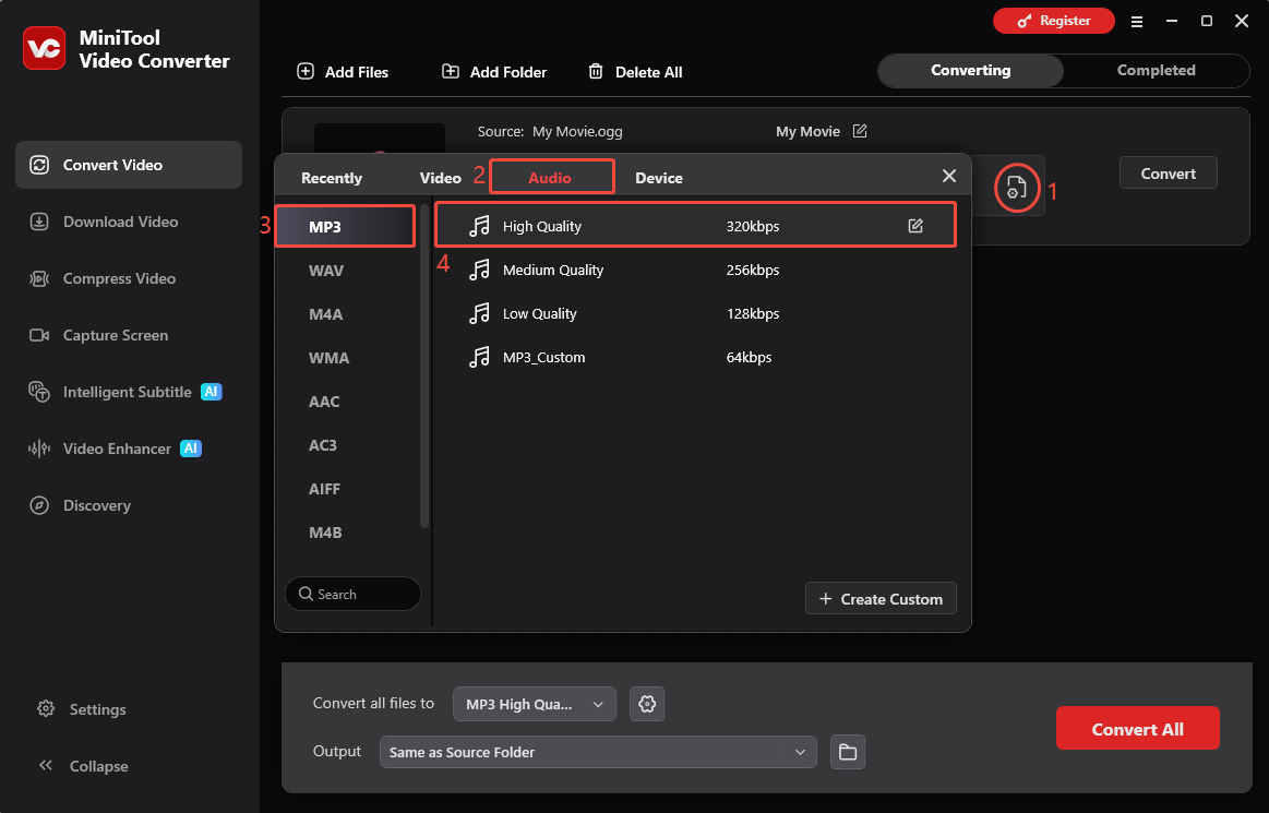 MiniTool Video Converter Convert Video interface showing steps to choosing MP3 as output format.