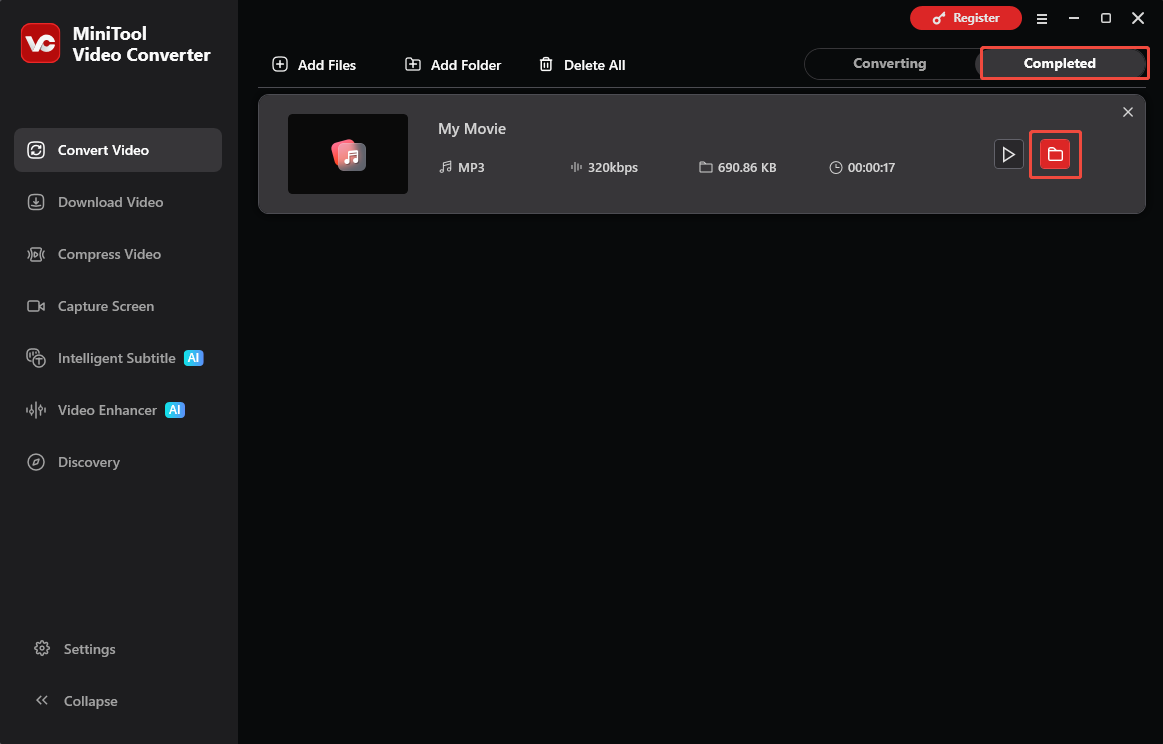 MiniTool Video Converter Convert Video interface with the folder icon selected to locate the output file.