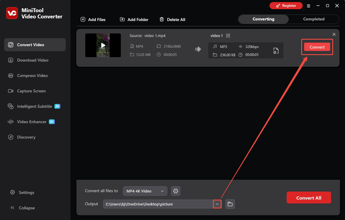 MiniTool Video Converter with the Output option and the Convert button selected in the Convert Video tab.