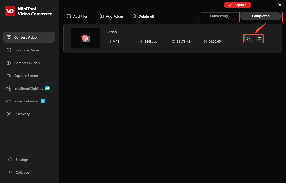 MiniTool Video Converter Completed tab with the Play icon and the Folder icon selected in the Convert Video tab.