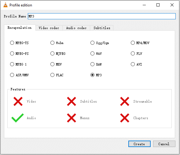 VLC Media Player Profile edition window showing how to set MP3 as the output format.