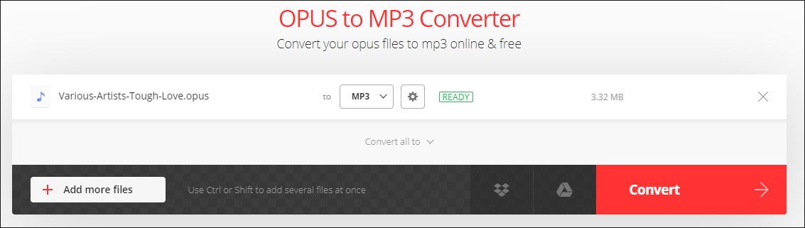 Convertio Opus to MP3 conversion page.