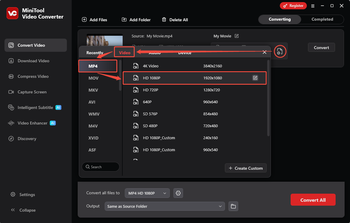 MiniTool Video Converter Convert Video interface showing how to choose the output format.