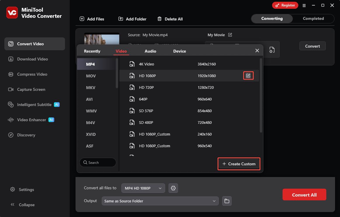 MiniTool Video Converter Convert Video interface with the edit icon and Create Custom icon selected.