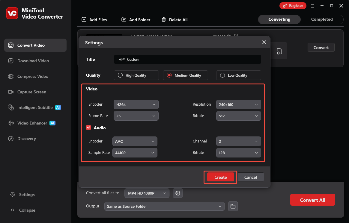 MiniTool Video Converter Settings window showing the adjustable video and audio parameters.