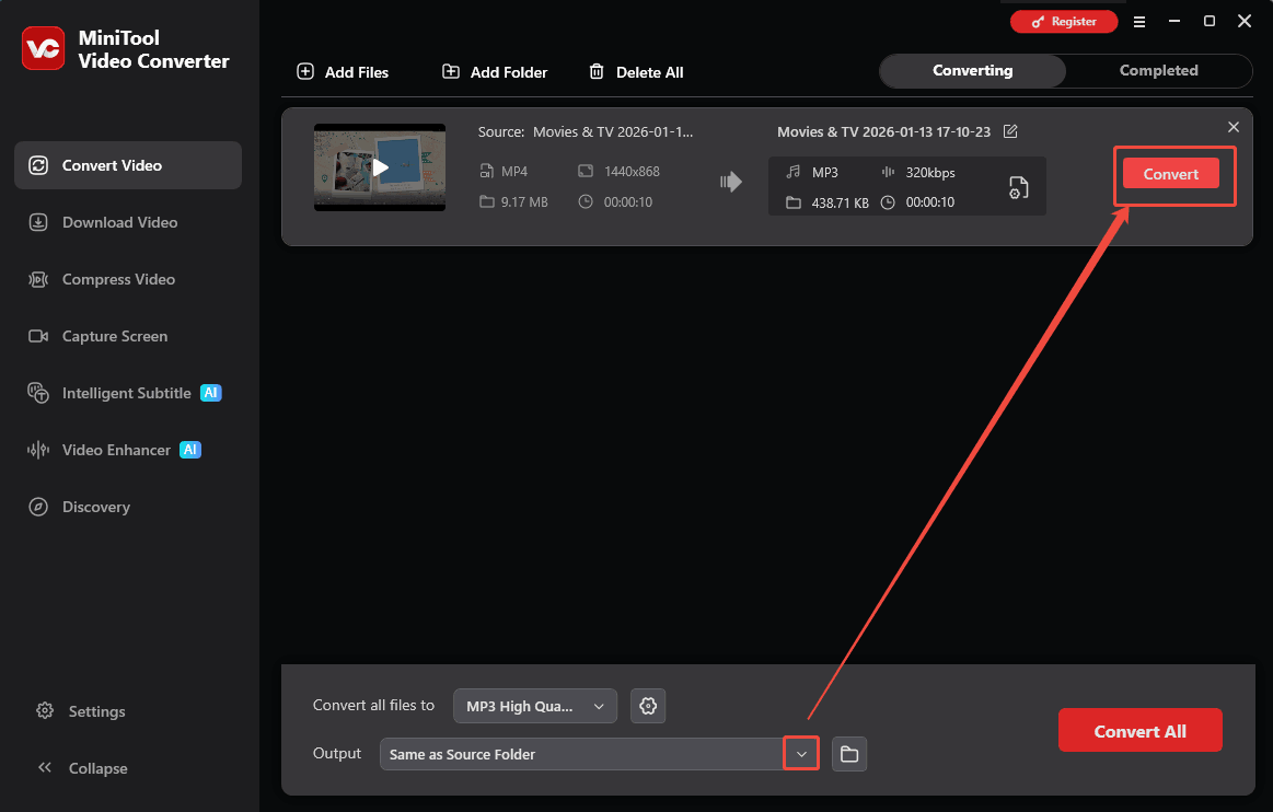 MiniTool Video Converter interface with the Output option and the Convert button selected in the Convert Video tab.