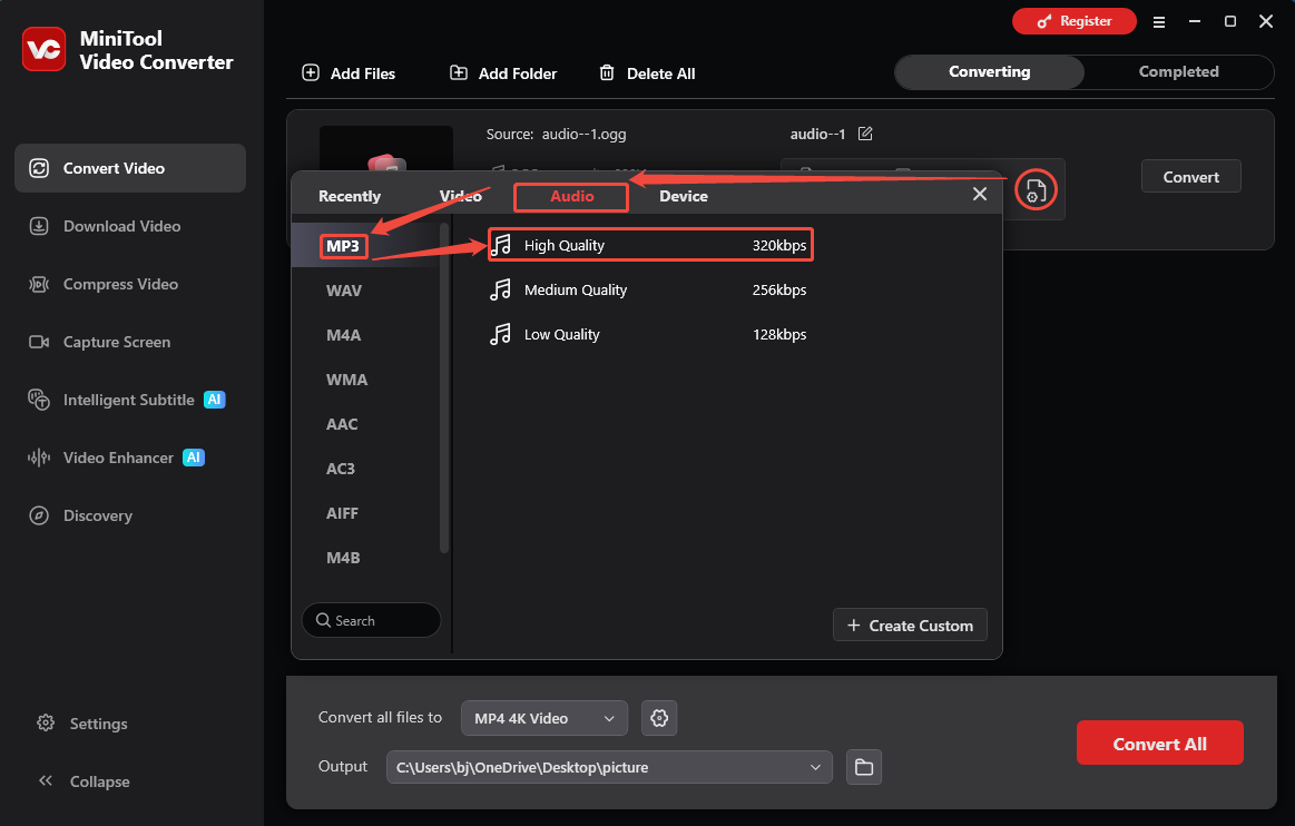 MiniTool Video Converter format settings window showing how to set MP3 for the converted video in the Convert Video tab.