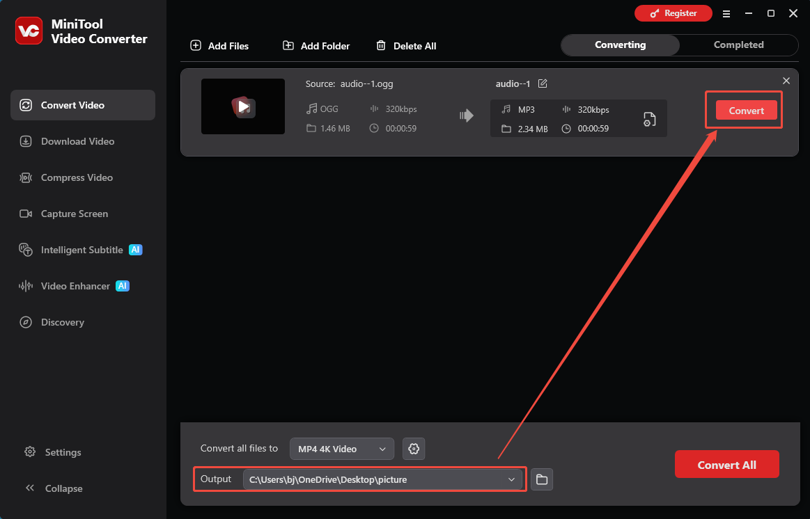 MiniTool Video Converter with the Output option and the Convert button selected in the Convert Video tab.