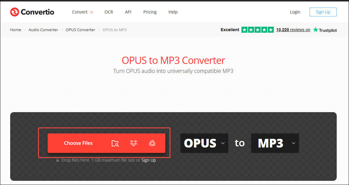 Convertio interface with the Choose Files option selected.