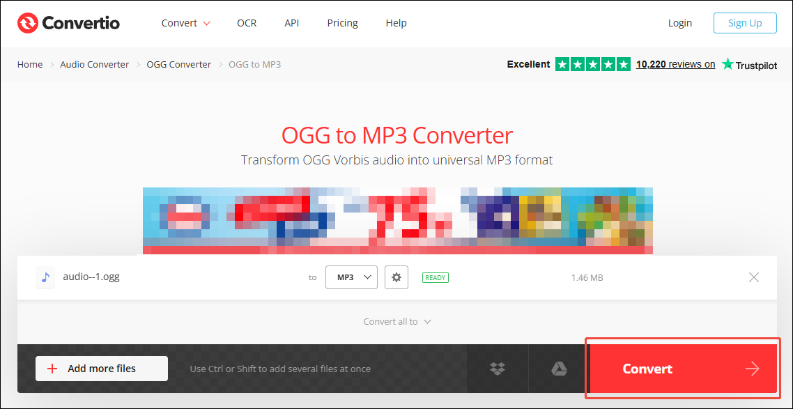 Convertio interface with the Convert button selected.