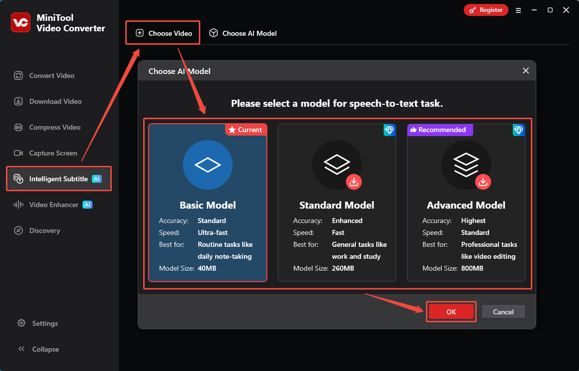 MiniTool Video Converter Intelligent Subtitle interface showing how to choose and download an AI model.