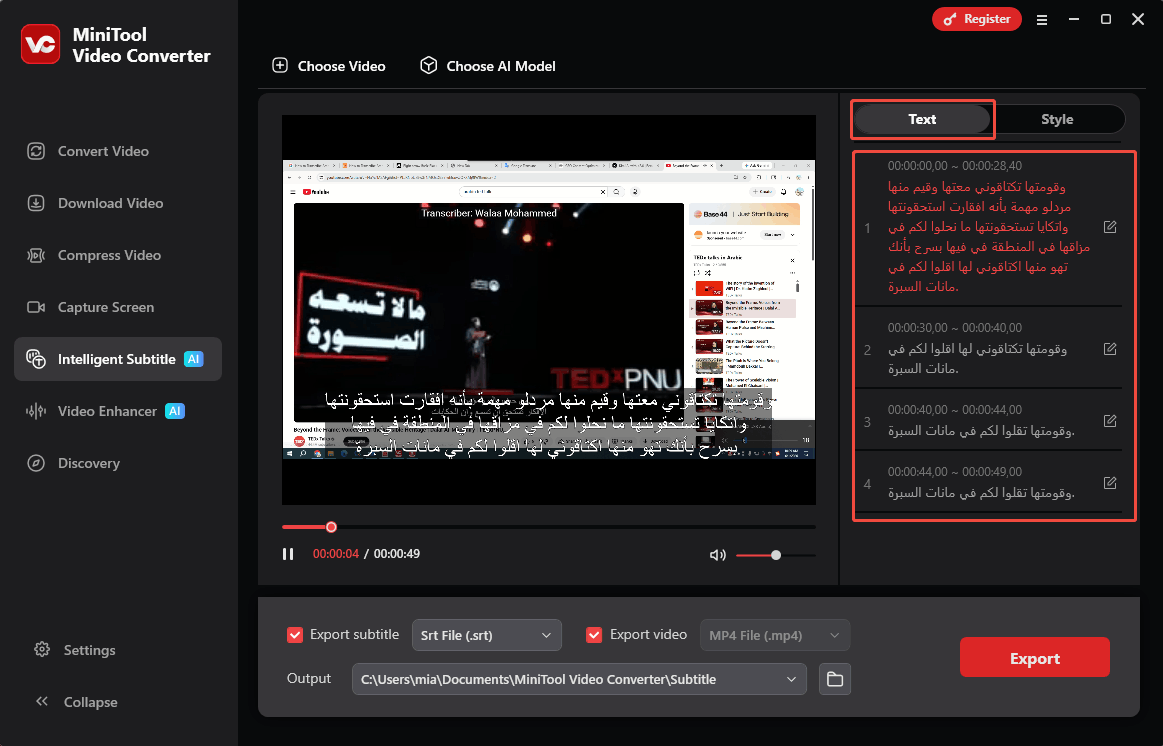 MiniTool Video Converter Intelligent Subtitle interface with the transcript on the right.