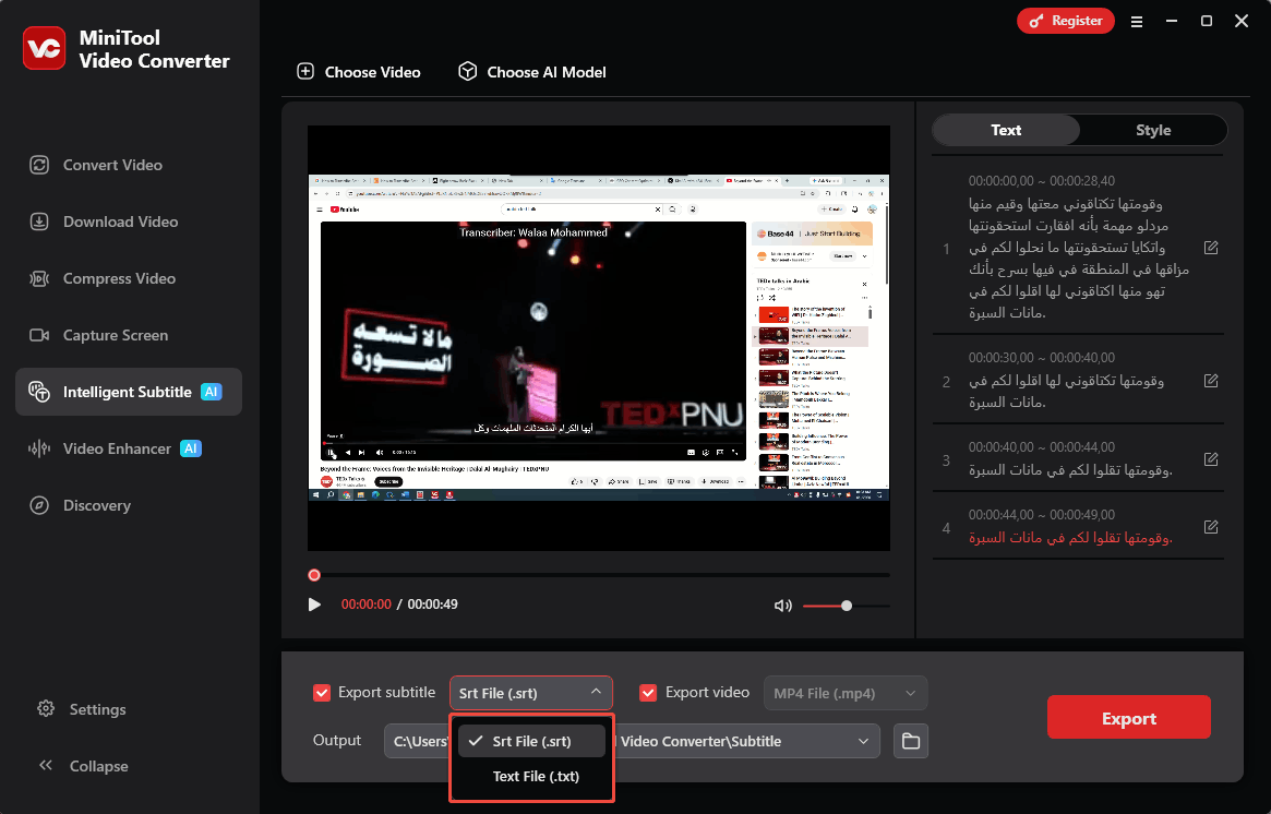 MiniTool Video Converter Intelligent Subtitle interface with the Export subtitle menu expanded.