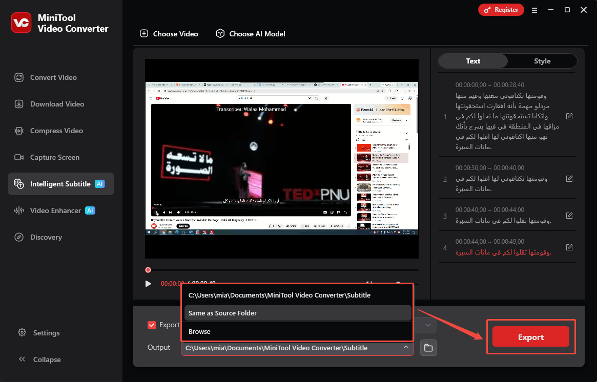 MiniTool Video Converter Intelligent Subtitle interface showing how to choose the save destination and export text file.