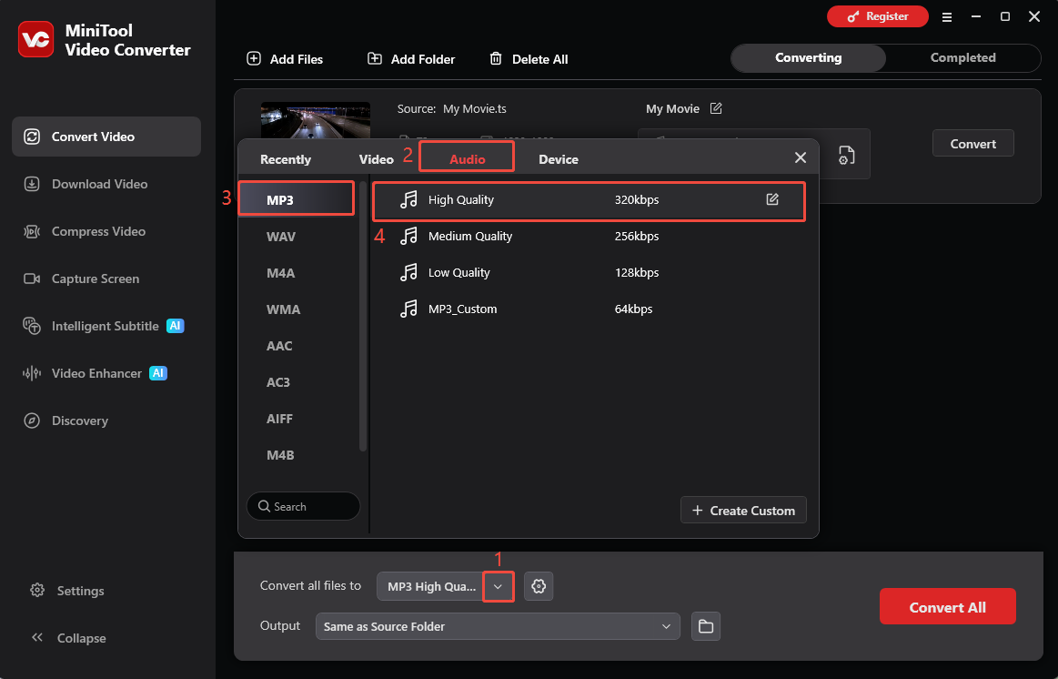 MiniTool Video Converter interface showing how to select the output format.