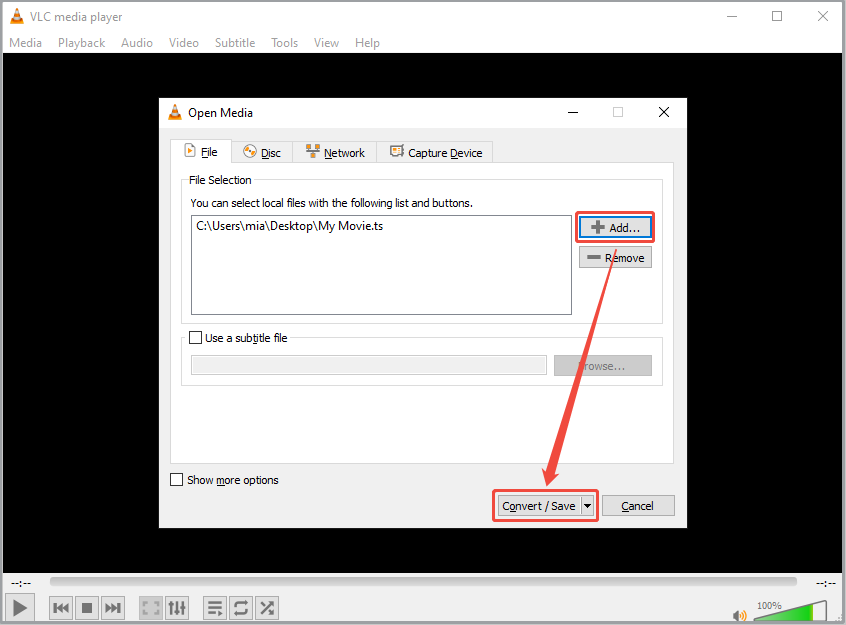 VLC Open Media window showing how to add the ts video.