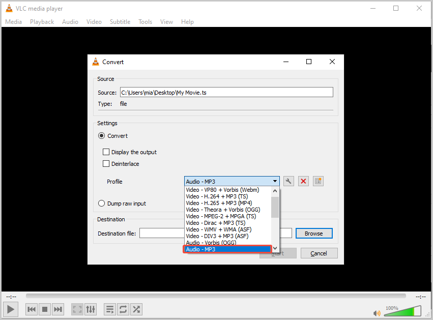 VLC Convert window with the Audio MP3 selected in the Profile menu.
