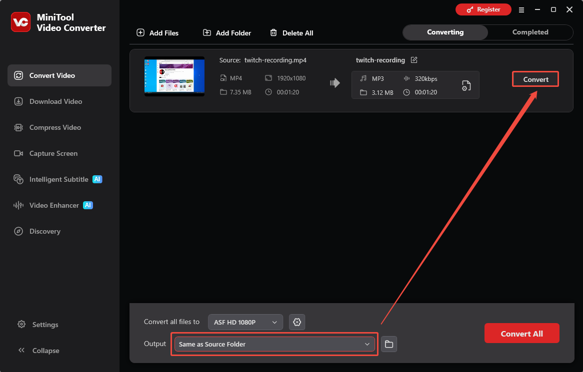 MiniTool Video Converter Convert Video interface showing how to choose the output folder and start conversion.