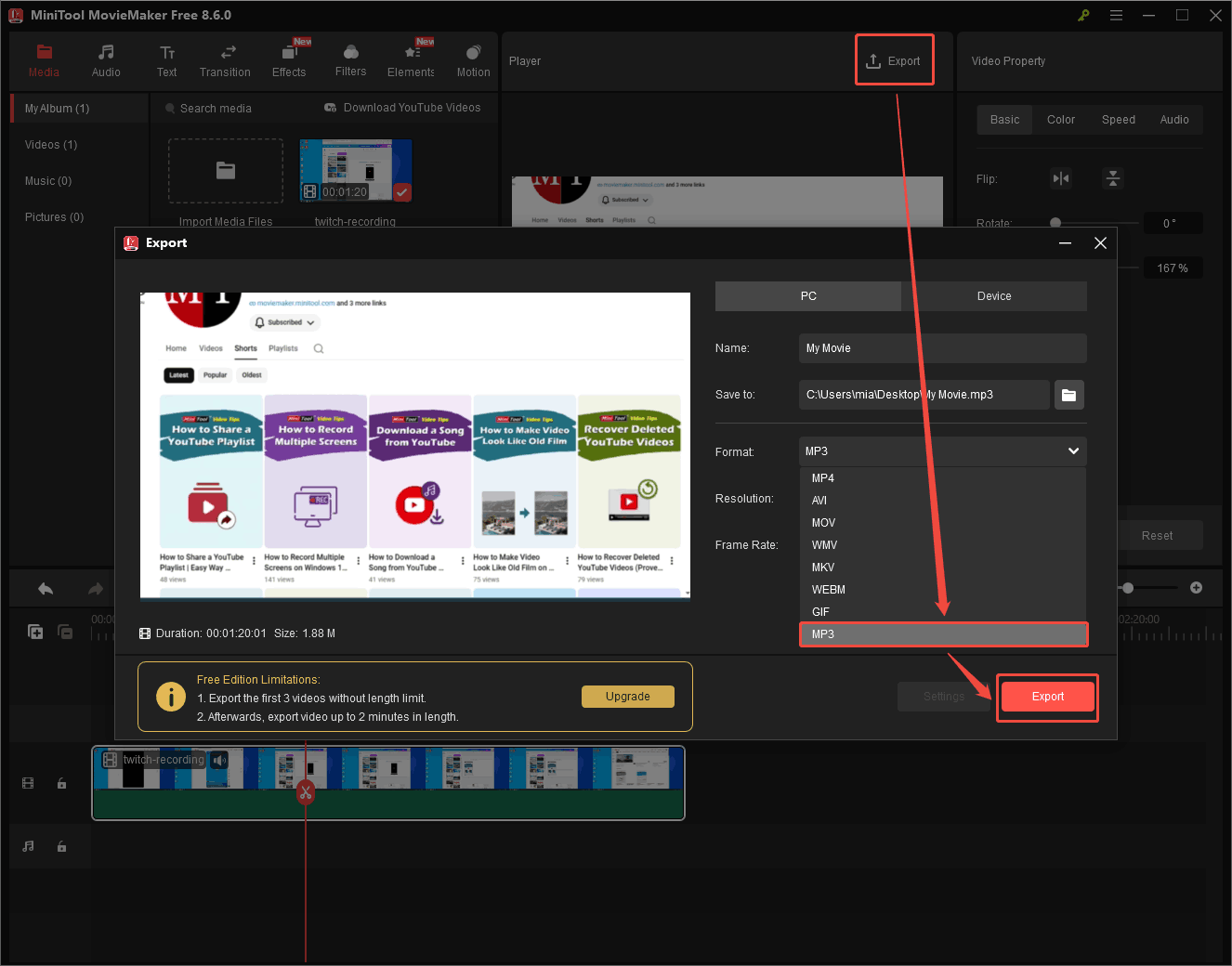 MiniTool MovieMaker interface showing how to export the video in MP3 format.