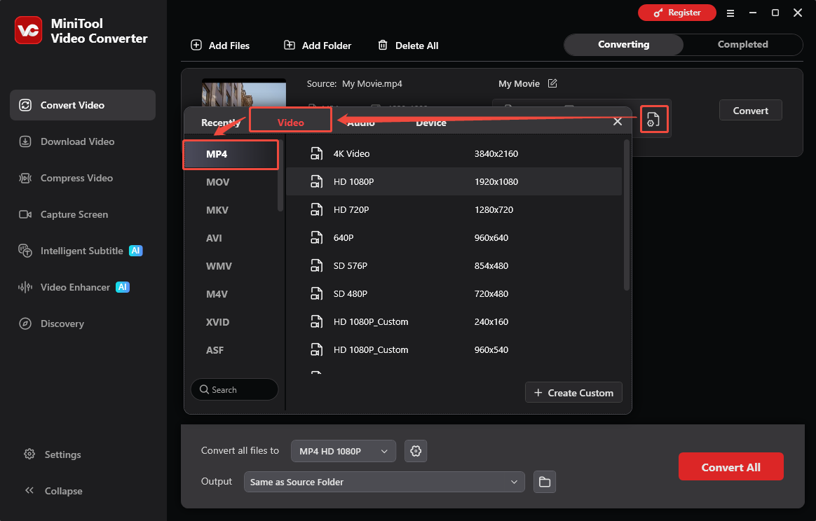MiniTool Video Converter Convert Video interface showing how to choose MP4 as output format.