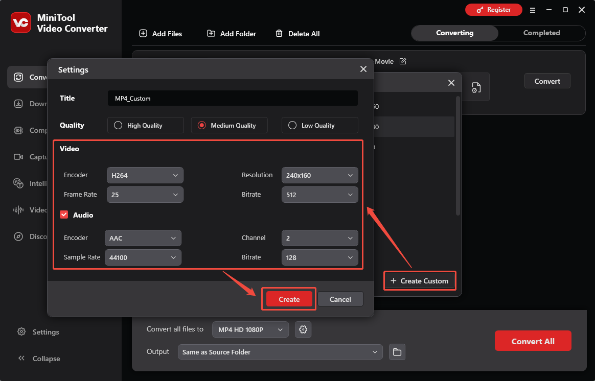 MiniTool Video Converter Settings window showing how to create a custom MP4 format.