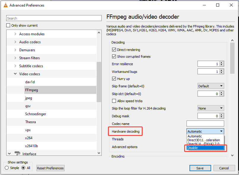 VLC Advanced Preferences window with the Hardware decoding option selected.