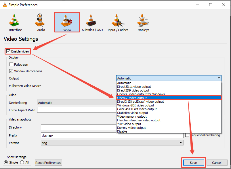 VLC Simple Preferences window showing how to change the Output setting.