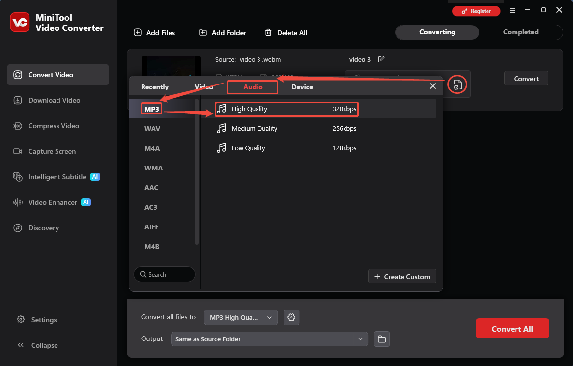 MiniTool Video Converter output format window showing how to set MP3 as the output format in the Convert Video tab.