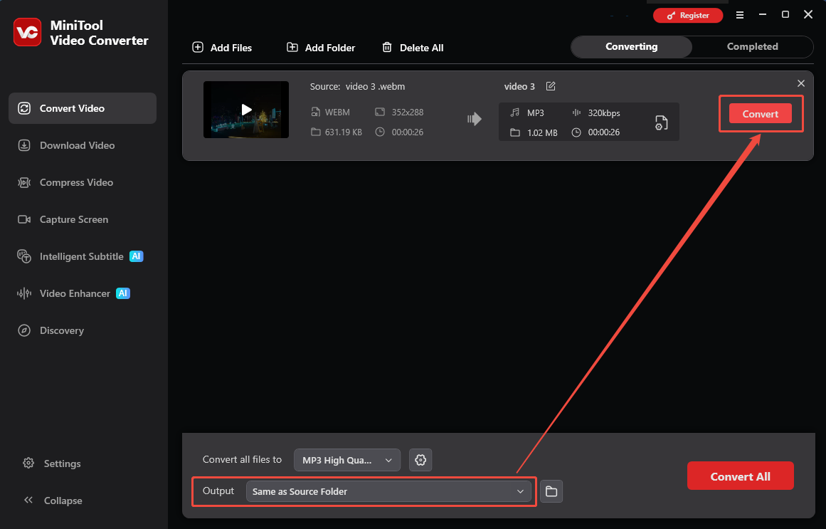 MiniTool Video Converter interface with the Output option and the Convert button selected in the Convert Video tab.