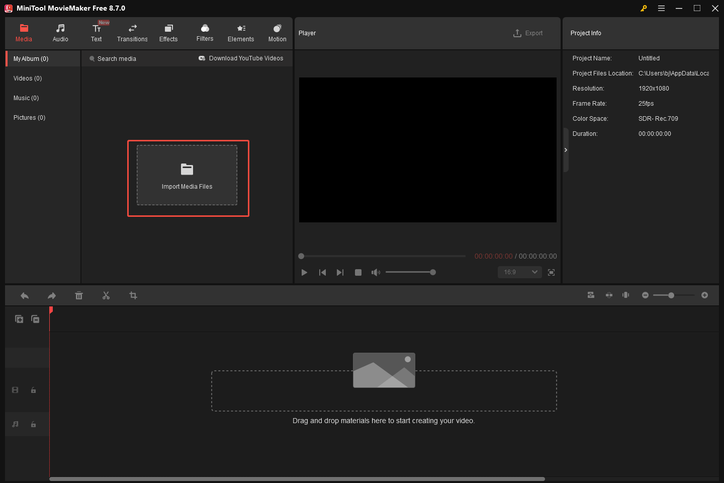 MiniTool MovieMaker interface with the Import Media Files option selected.