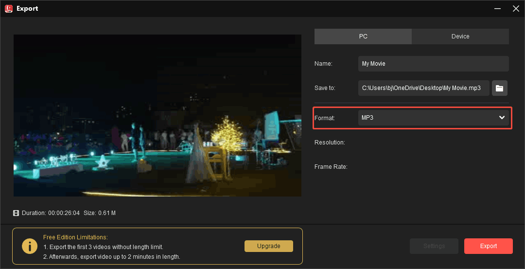 MiniTool MovieMaker Export window with the expanded MP3 option and the Export button selected.