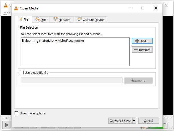 VLC Media Player Open Media option showing how to import an WebM file.