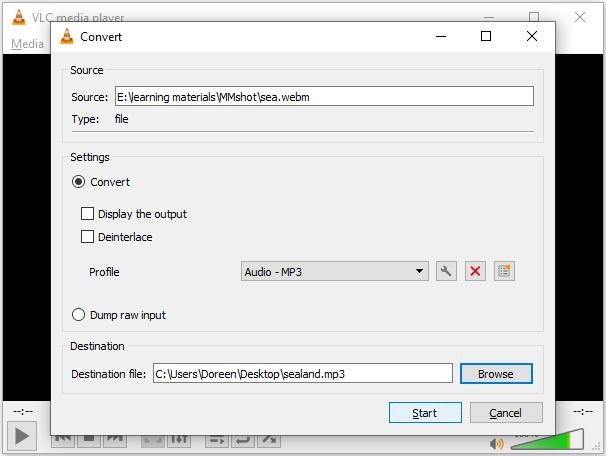 VLC Media Player Convert window showing how to start the conversion.