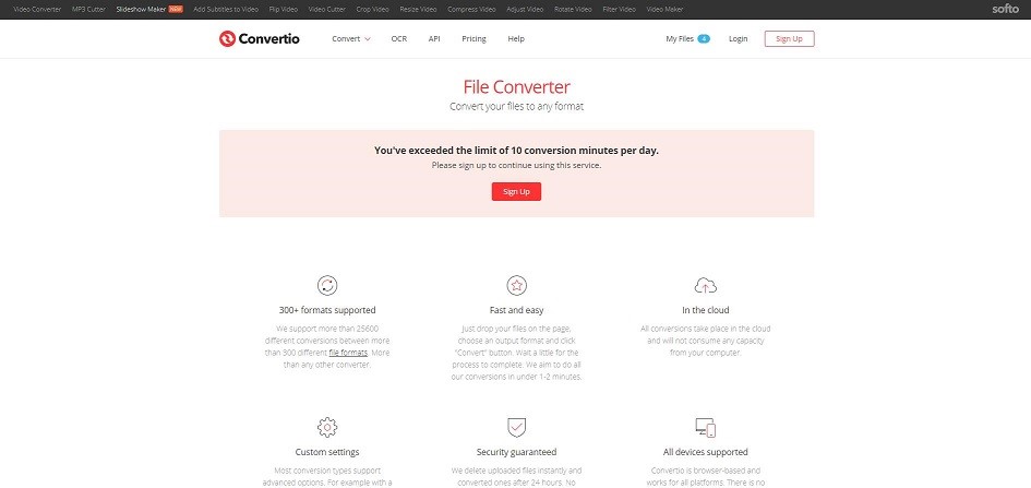 The interface with Convertio.