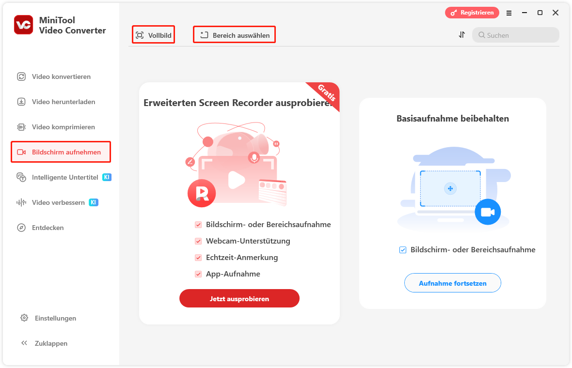 klicken Sie in MiniTool Video Converter auf „Bildschirm aufnehmen“ und wählen Sie den Aufnahmebereich aus
