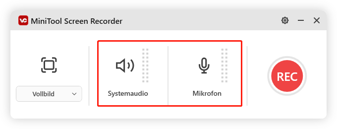 Audioquelle der Aufnahme anpassen, indem Sie die entsprechenden Symbole in MiniTool Screen Recorder klicken
