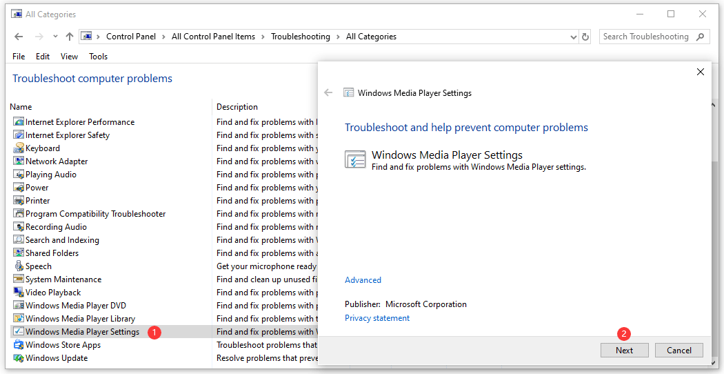 The Windows Media Settings window showing how to use Windows Troubleshooter via the Control Panel.