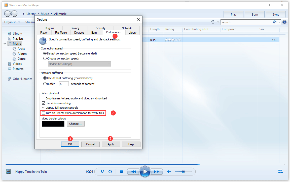 Windows Media Player options window showing how to disable WMV DirectX video acceleration.