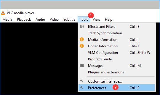 VLC Media Player interface with the Tools tab and the Preferences option selected.