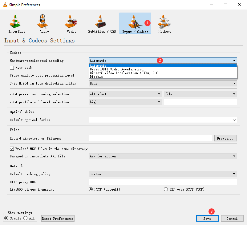 VLC Media Player Simple Preferences window with the expanded Automatic option and the Save button selected.