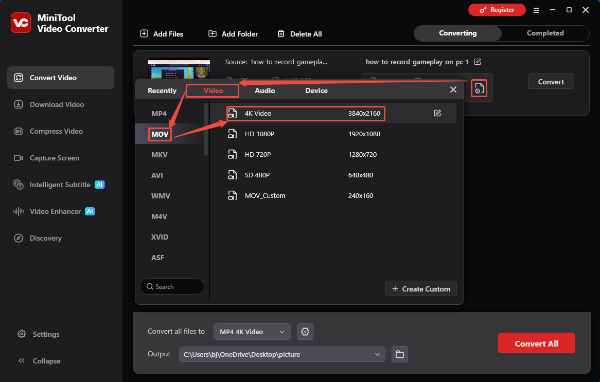 MiniTool Video Converter output format window showing how to set MOV as the output format in the Convert Video tab.